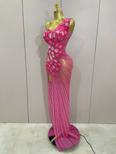 Luxury Shinning Rhinestones Flowers Sexy One Shoulder Bodycon Maxi Long Dress 2025 Women Evening Birthday Party Stage Costume